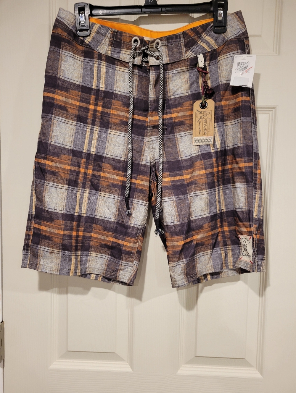 3rd & Army Men's Plaid Board Shorts Swim Trunks - Grey/Orange - Size 30 NWT